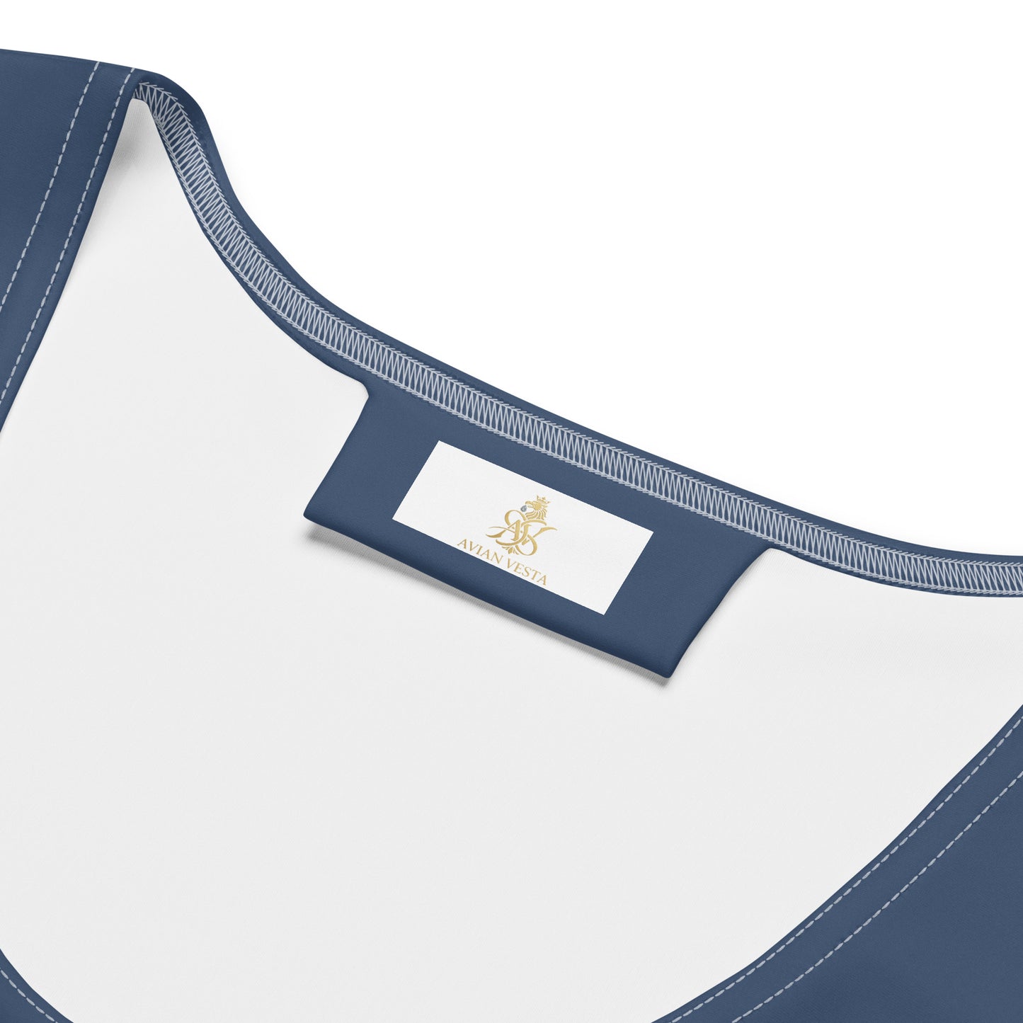 Close-up of Avian Vesta Midnight Mini Dress neckline and interior label