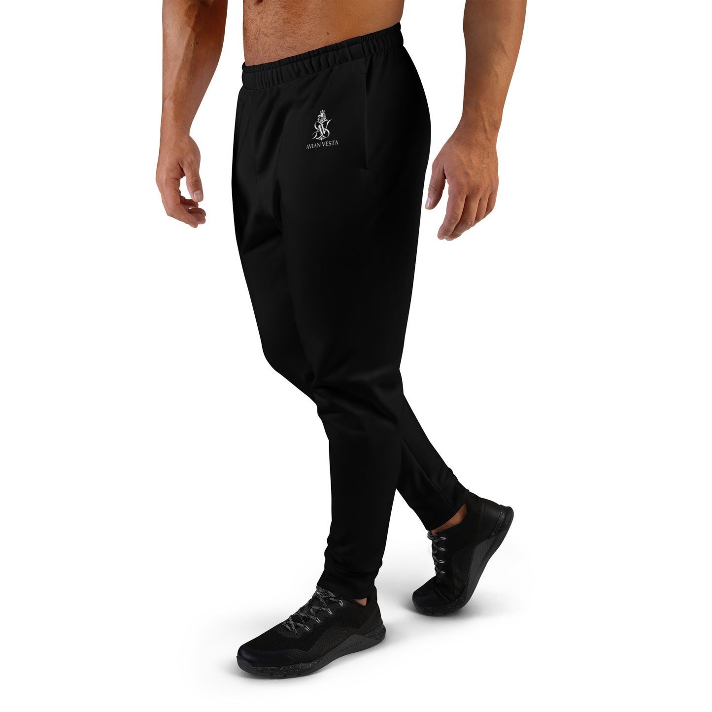 Side view of black Avian Vesta joggers showing relaxed modern fit