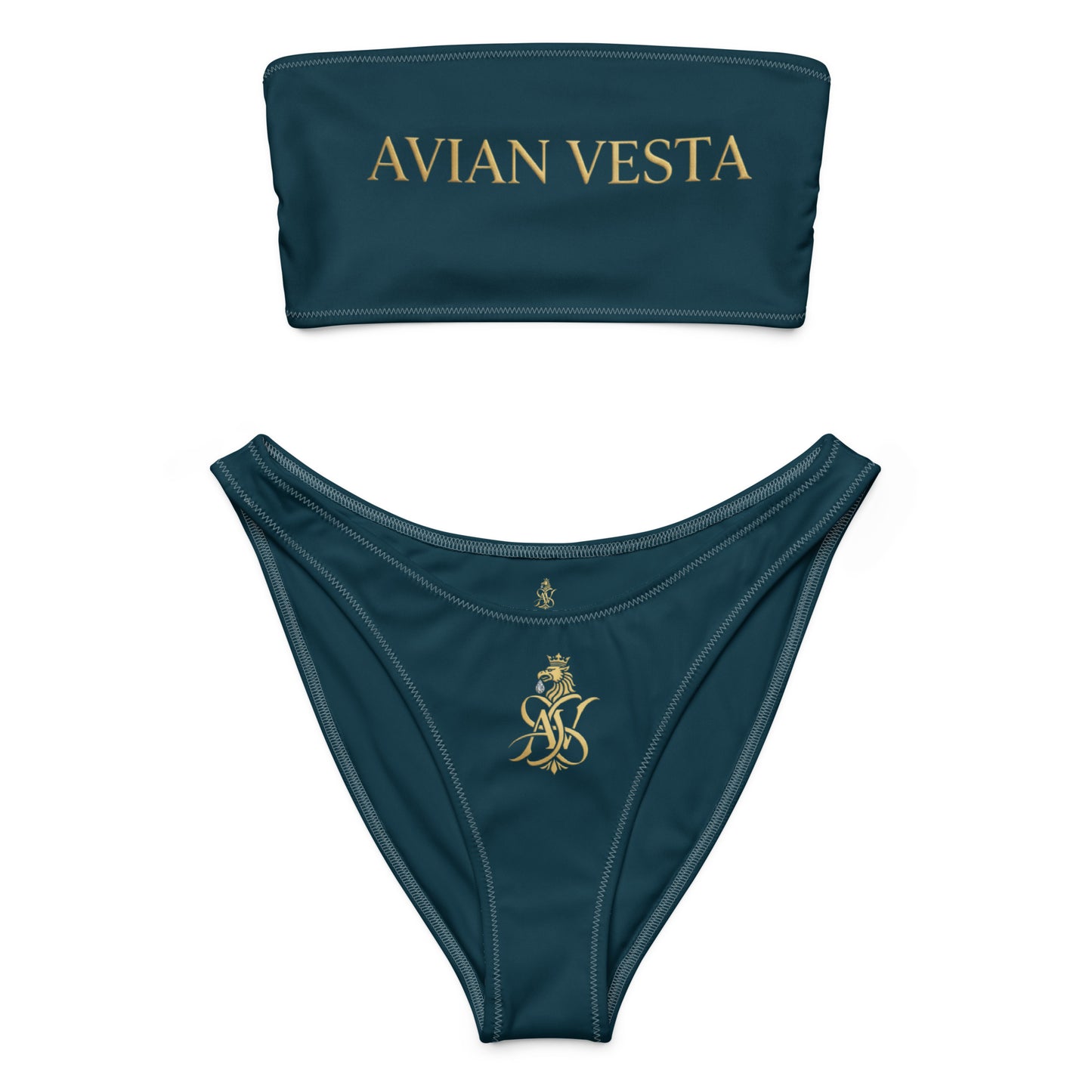 Avian Vesta Blue Whale bandeau bikini set with gold logo, front view