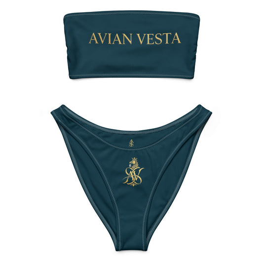 Avian Vesta Blue Whale bandeau bikini set with gold logo, front view