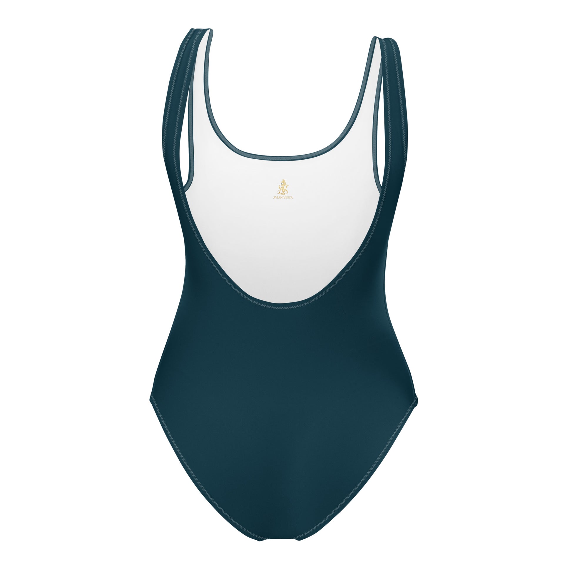 Avian Vesta Blue Whale one-piece swimsuit with gold crest back view
