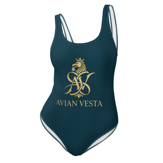 Avian Vesta Blue Whale one-piece swimsuit with gold crest front view

