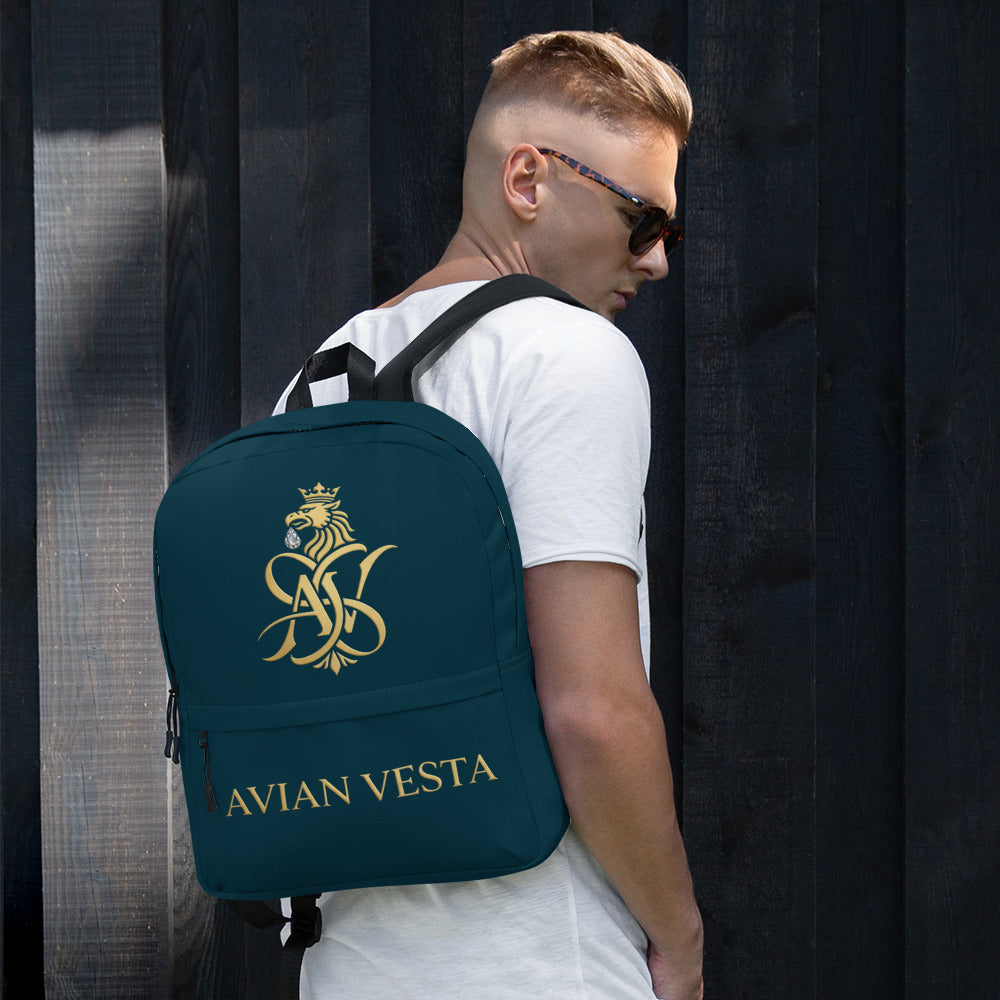 Blue Whale Signature Backpack worn by model with gold crest