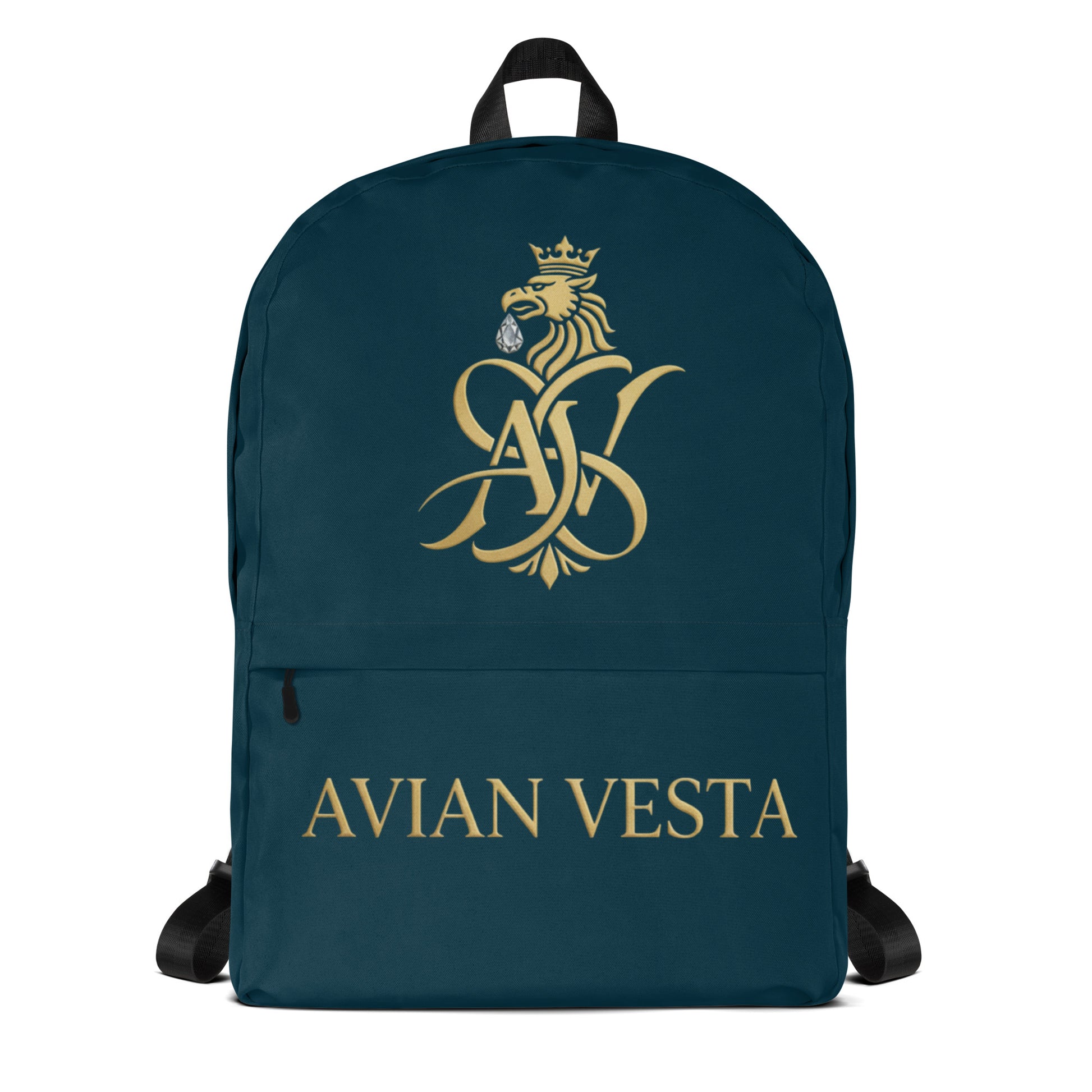 Avian Vesta Signature Backpack in Blue Whale with gold crest logo front view 