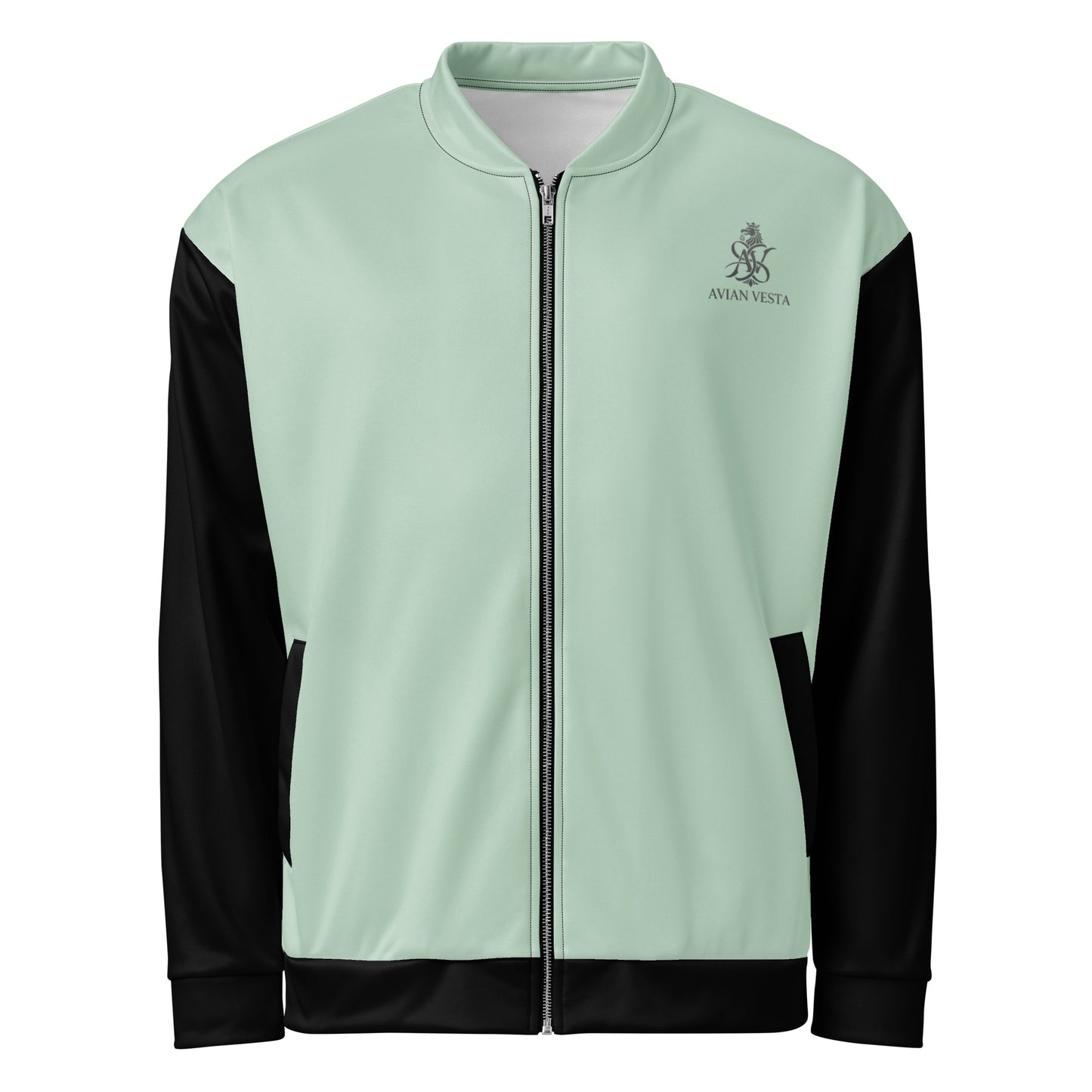 Avian Vesta Signature Edgewater Bomber jacket in Edgewater green with black sleeves and front zip closure
