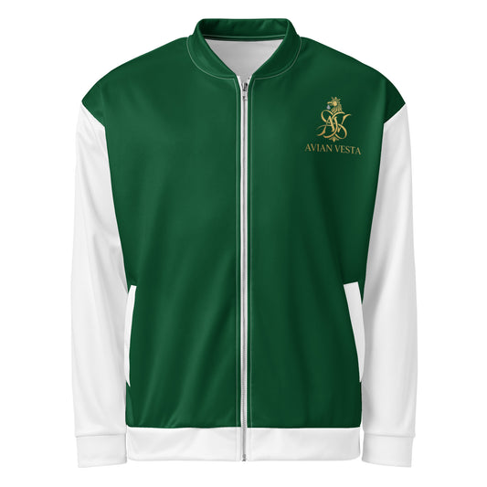 Avian Vesta Signature Evergreen Bomber jacket with gold crest logo and white sleeves