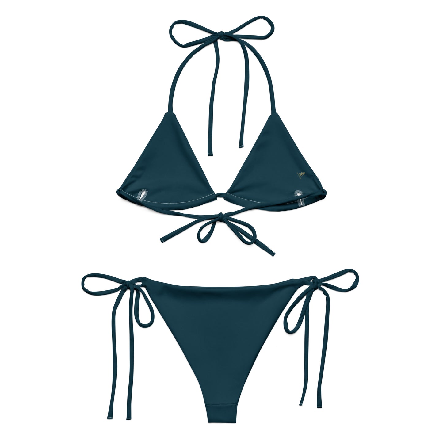 Back View of Blue Whale IAvian Vesta triangle bikini top and bottom laid flat showing adjustable ties
