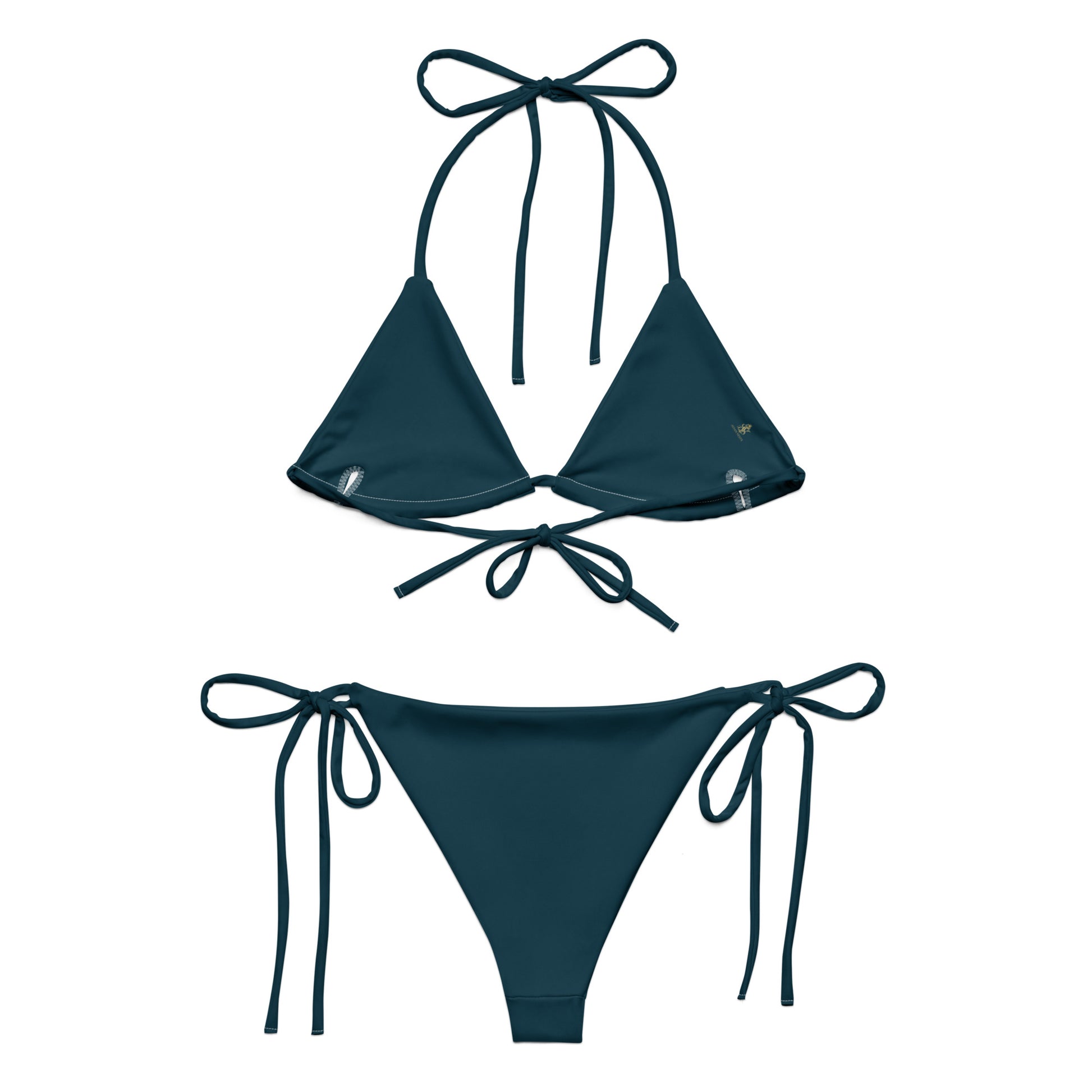 Back View of Blue Whale IAvian Vesta triangle bikini top and bottom laid flat showing adjustable ties
