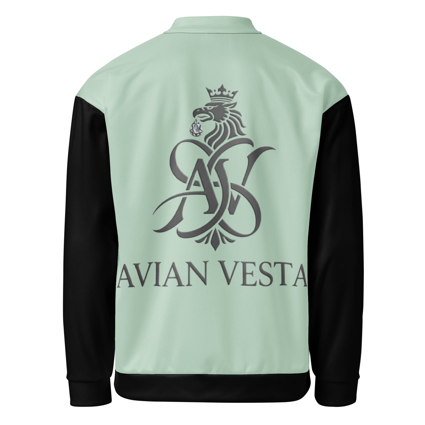 Back view of Avian Vesta Signature Edgewater Bomber featuring large crest logo and contrast black sleeves