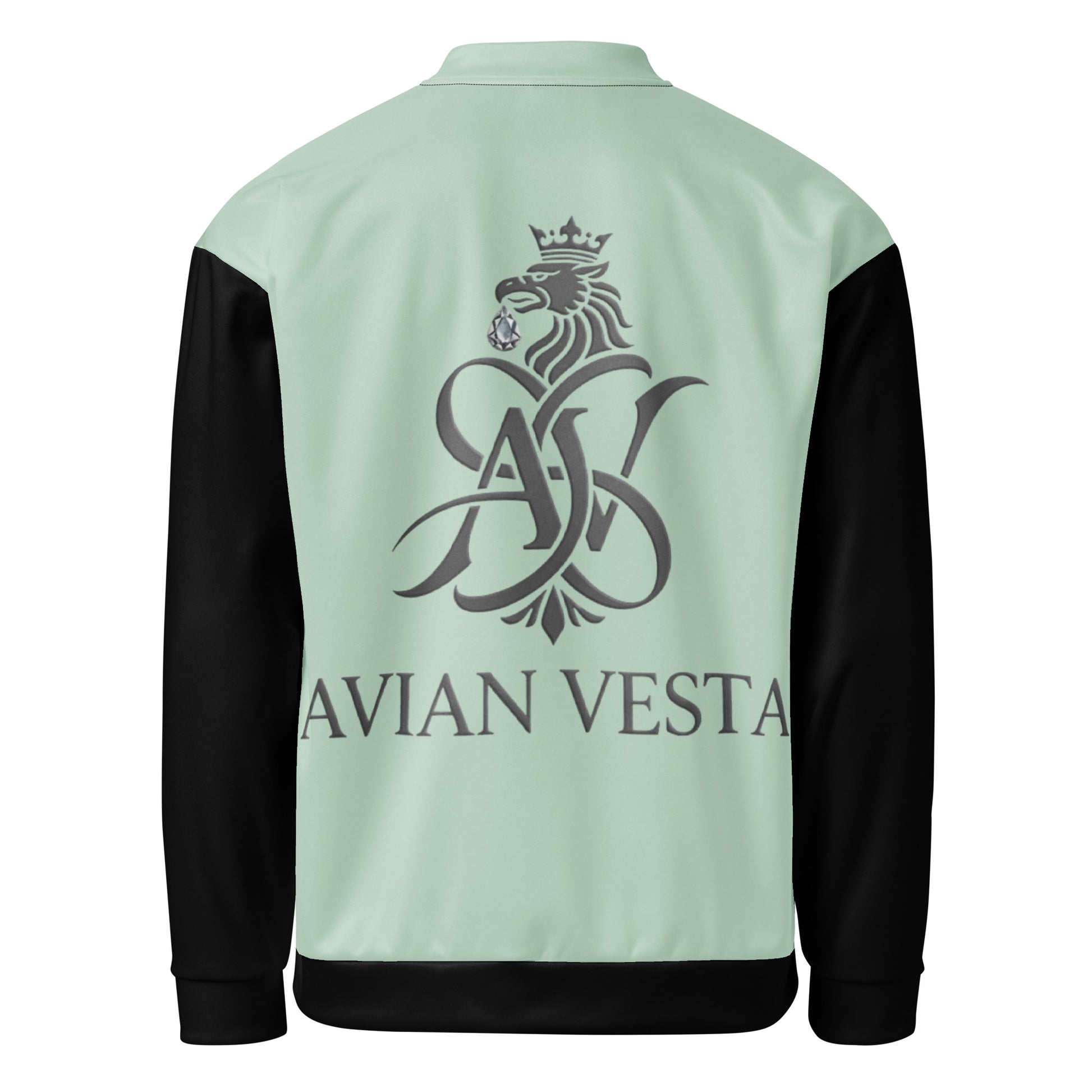 Back view of Avian Vesta Signature Edgewater Bomber featuring large crest logo and contrast black sleeves