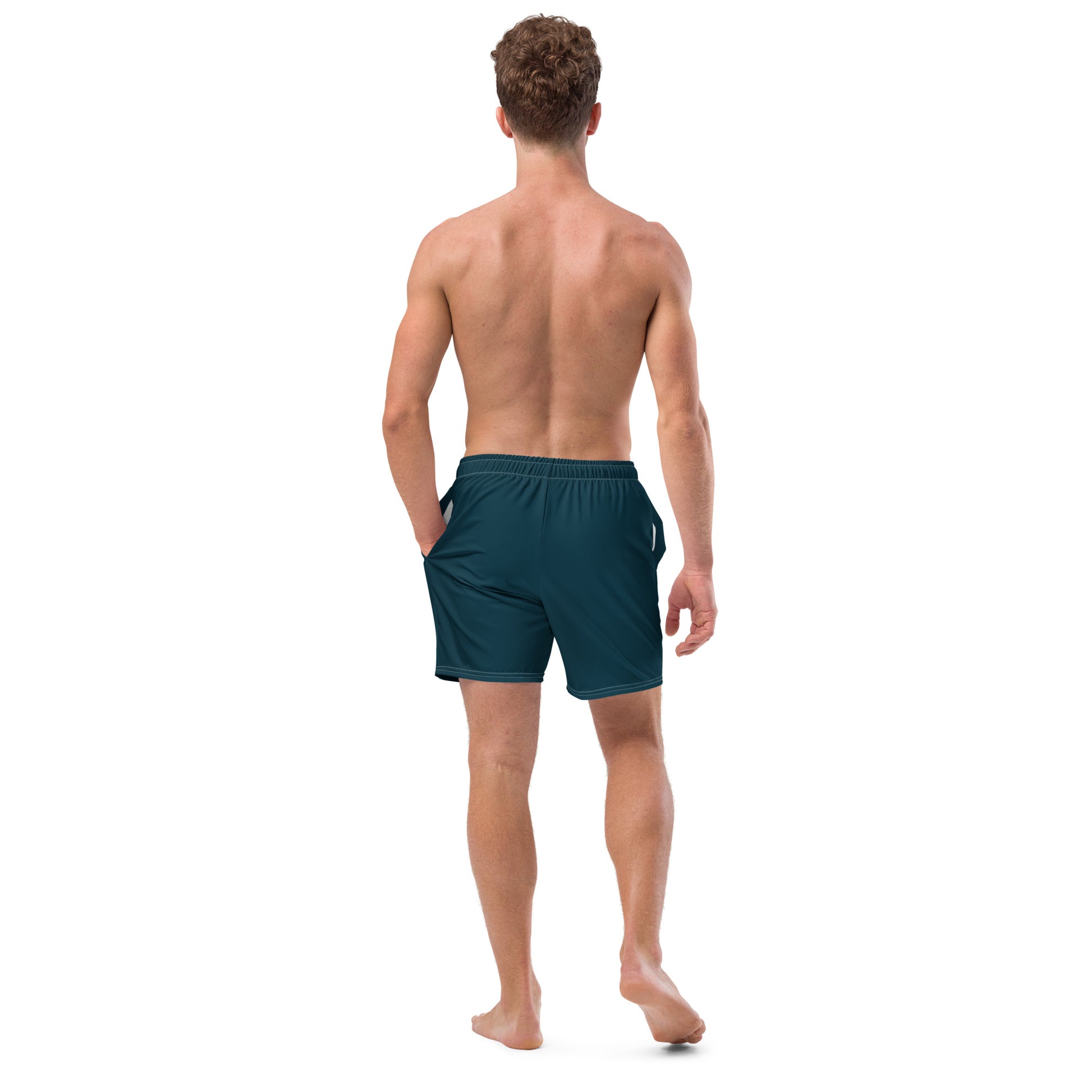 Back view of Blue Whale signature swim trunks for men
