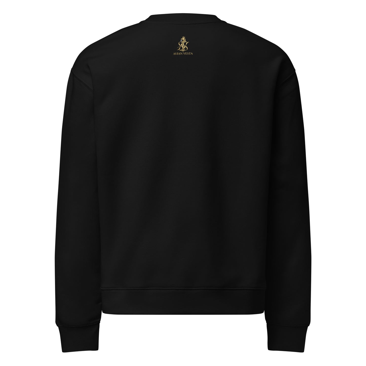 “Back view of black Avian Vesta signature crewneck sweatshirt”
