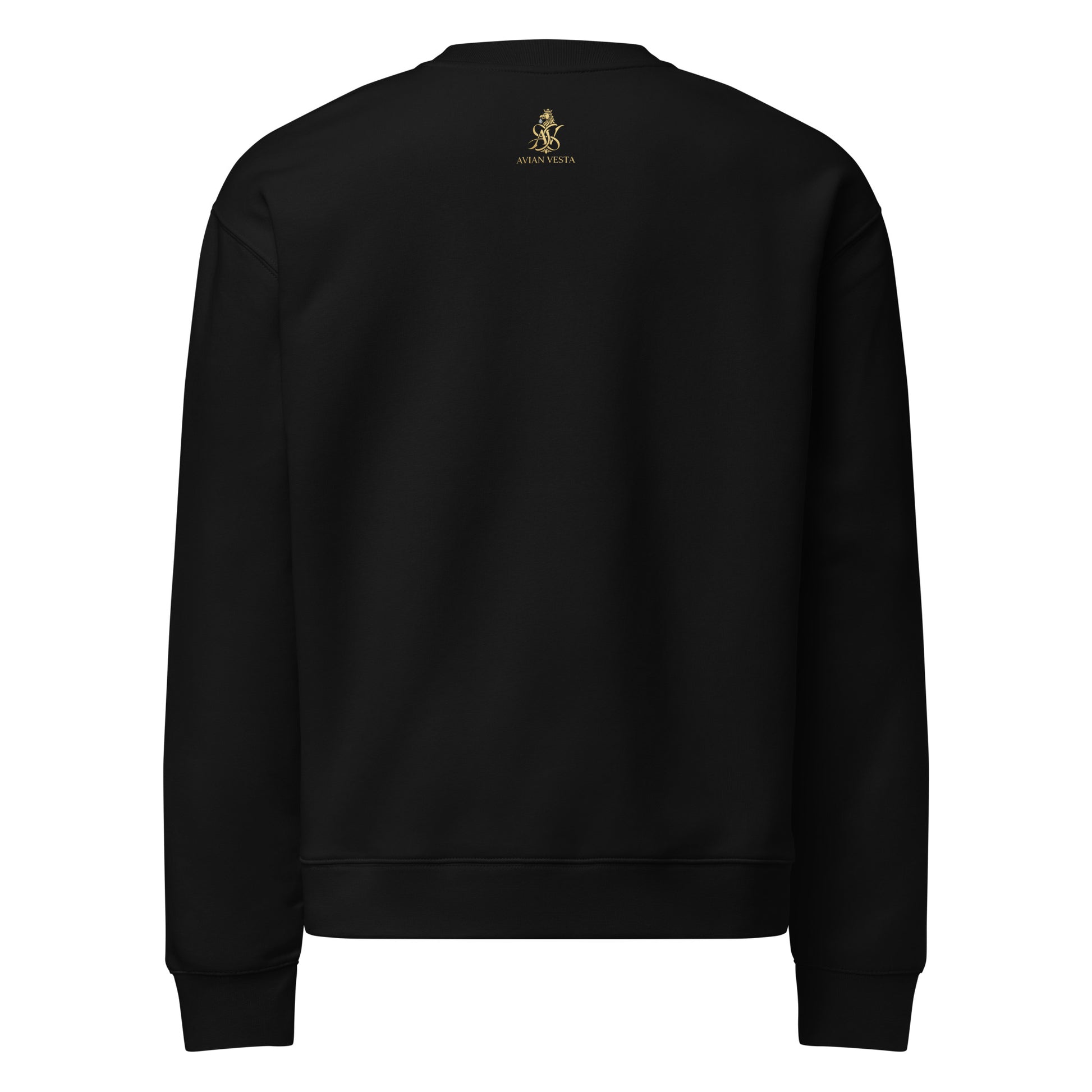“Back view of black Avian Vesta signature crewneck sweatshirt”