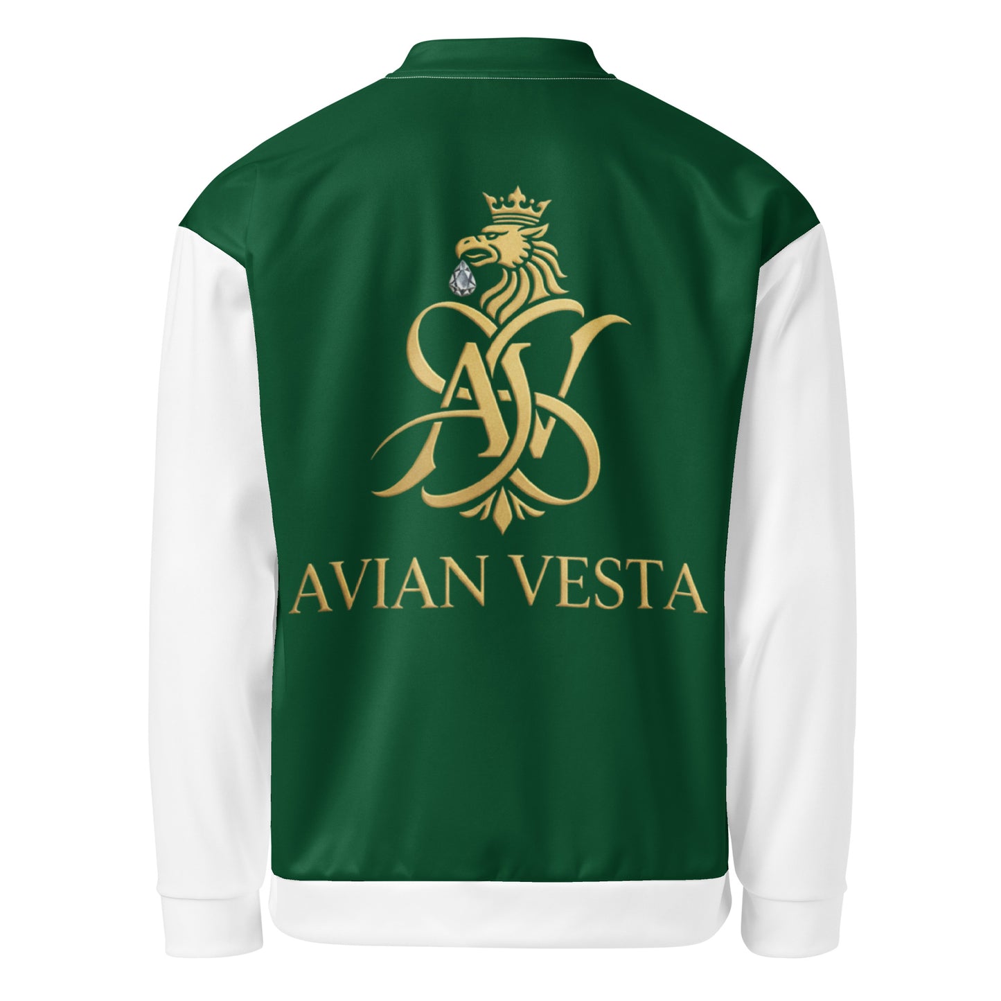 Back view of Avian Vesta Signature Evergreen Bomber featuring gold crest and AV monogram