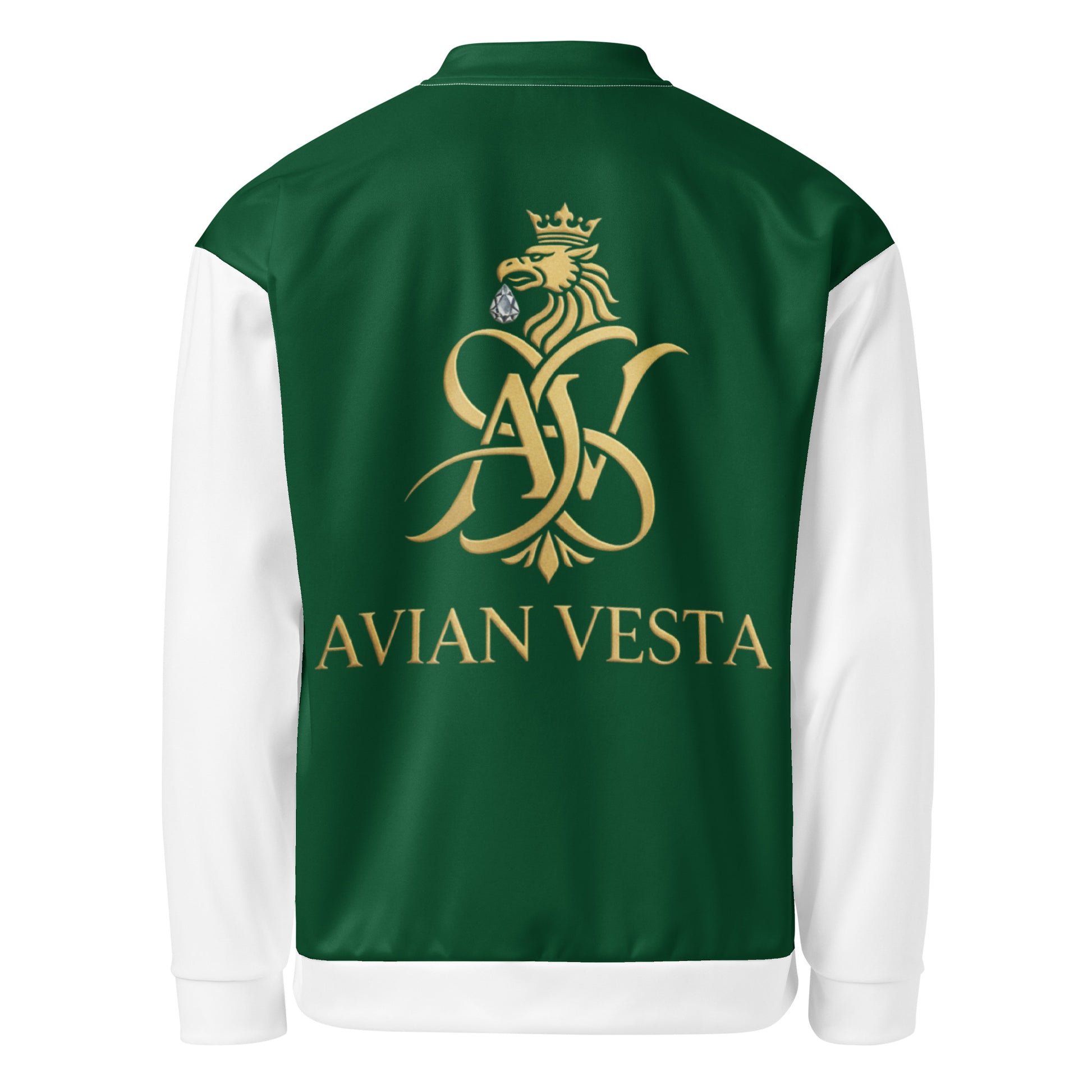 Back view of Avian Vesta Signature Evergreen Bomber featuring gold crest and AV monogram