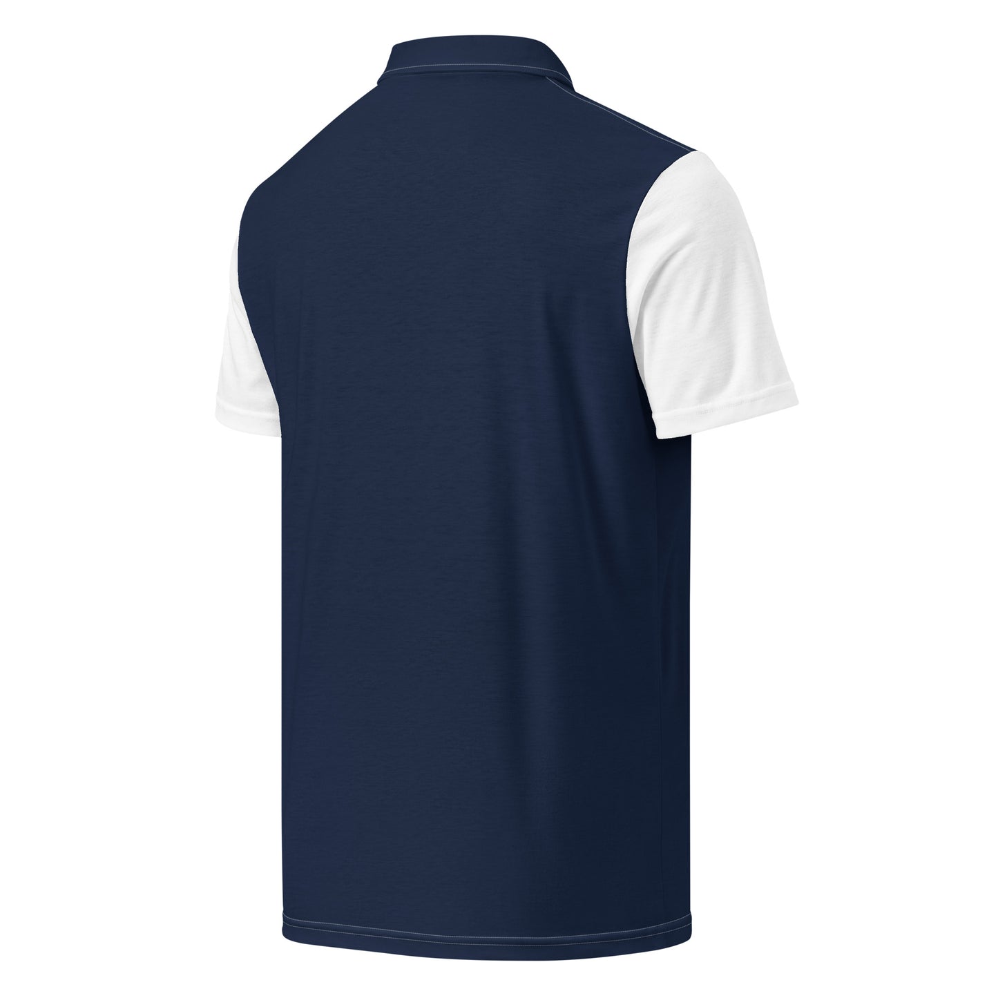 “Back view of Avian Vesta navy polo shirt with white sleeves”