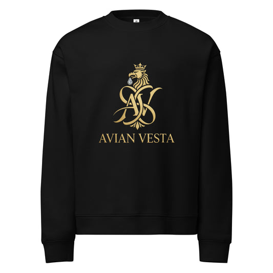 “Black Avian Vesta signature crewneck sweatshirt with gold crest logo on the front”