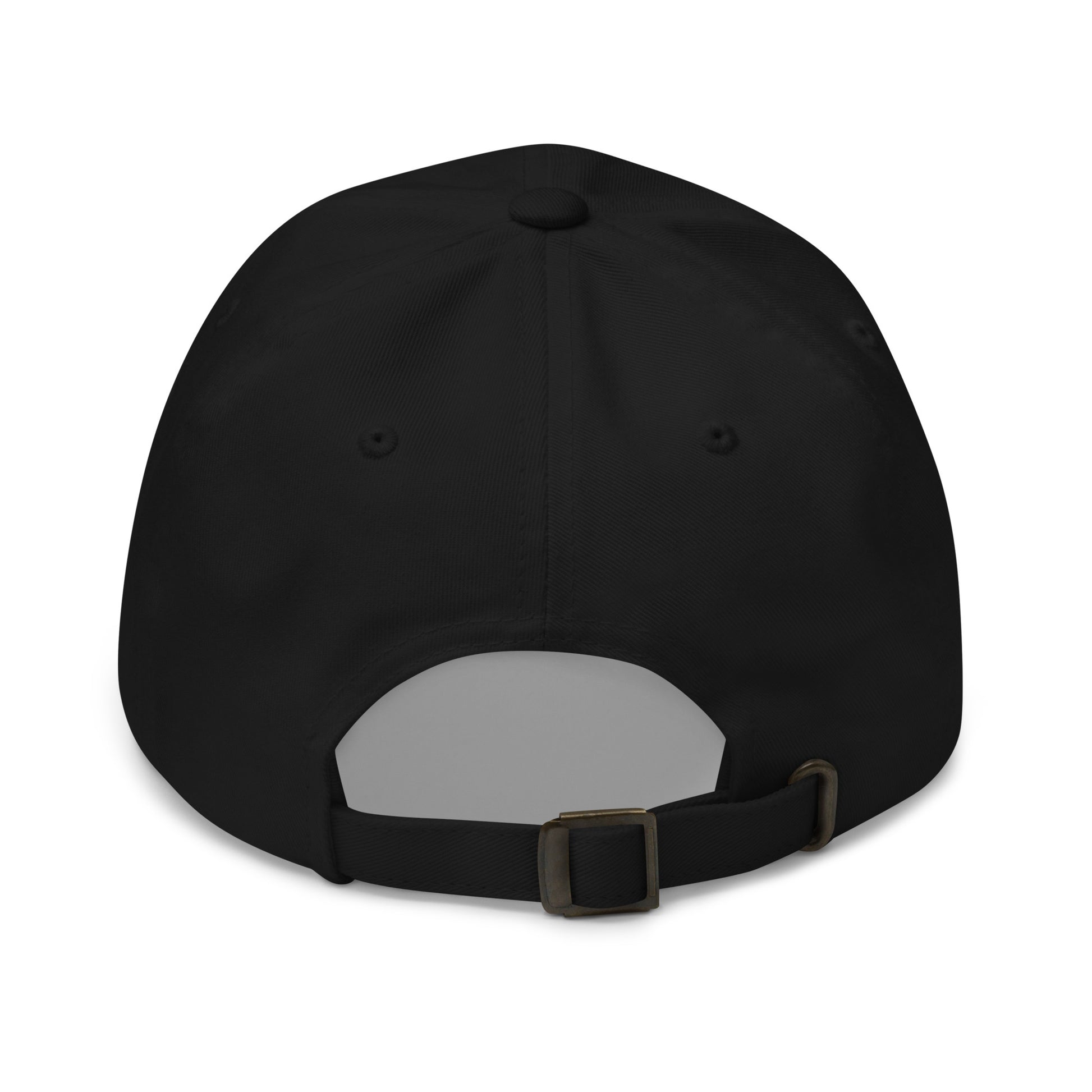 Black dad hat with embroidered gold Avian Vesta crest, back view