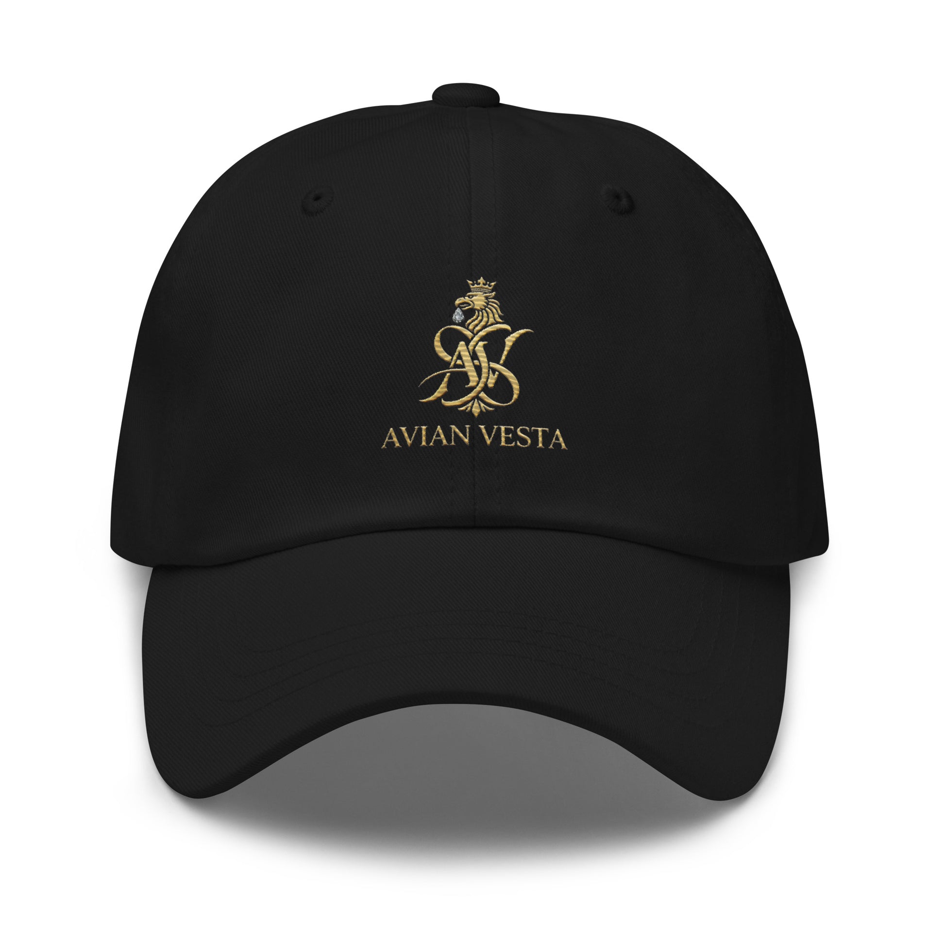 Black dad hat with embroidered gold Avian Vesta crest, front view