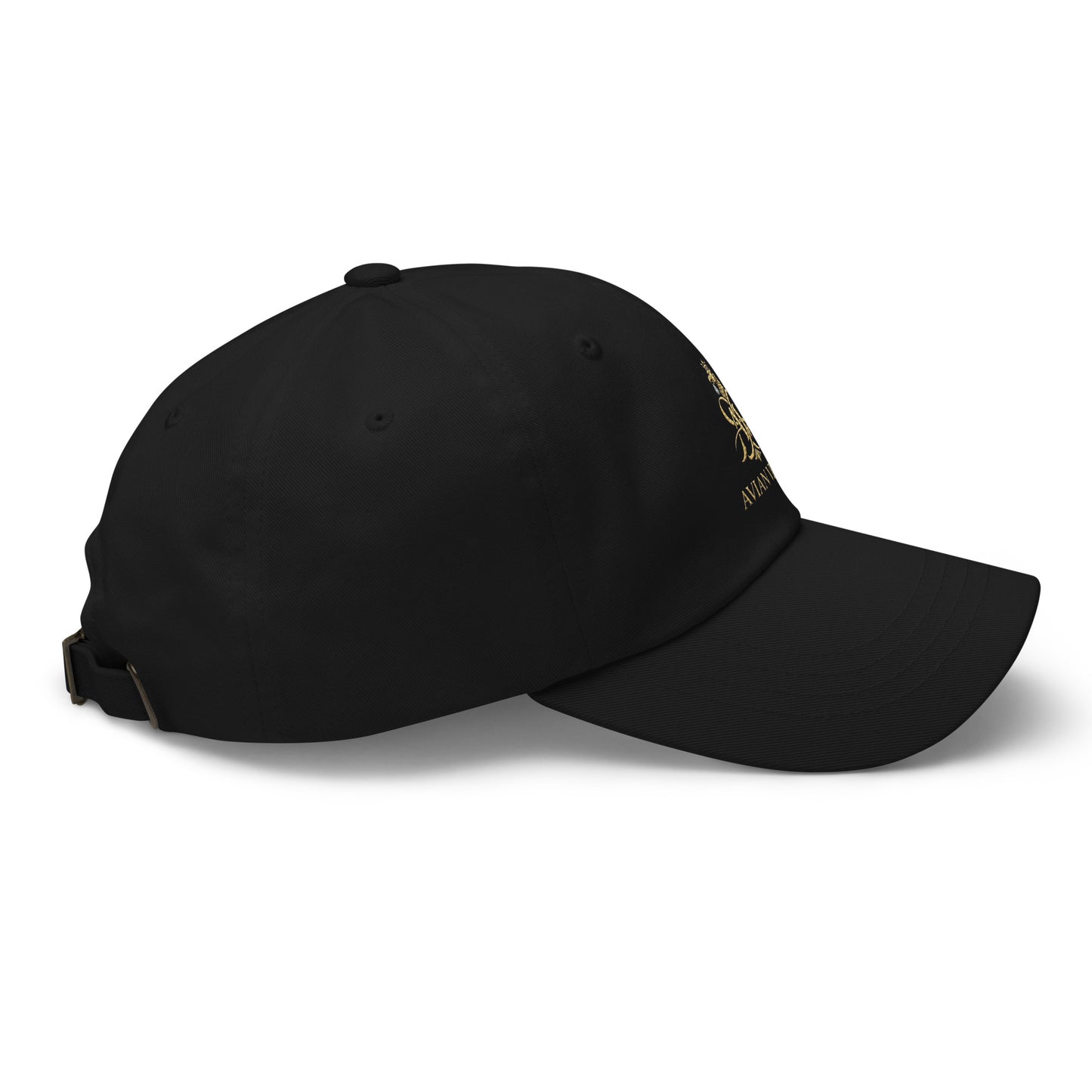 Black dad hat with embroidered gold Avian Vesta crest, side view