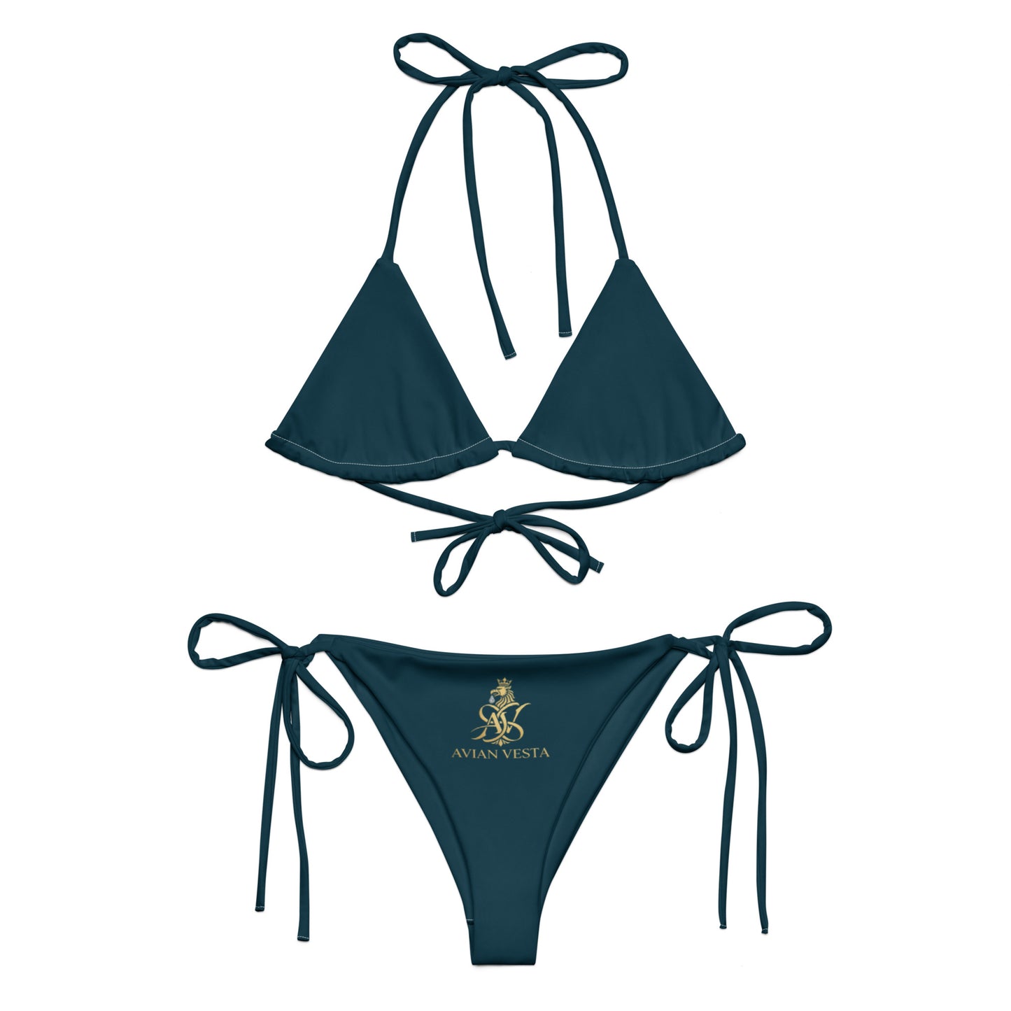 Blue Whale triangle bikini set with adjustable tie straps and gold Avian Vesta crest
