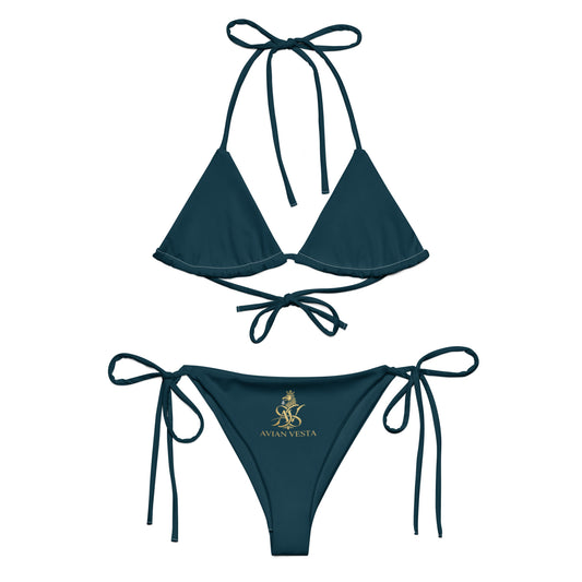 Blue Whale triangle bikini set with adjustable tie straps and gold Avian Vesta crest
