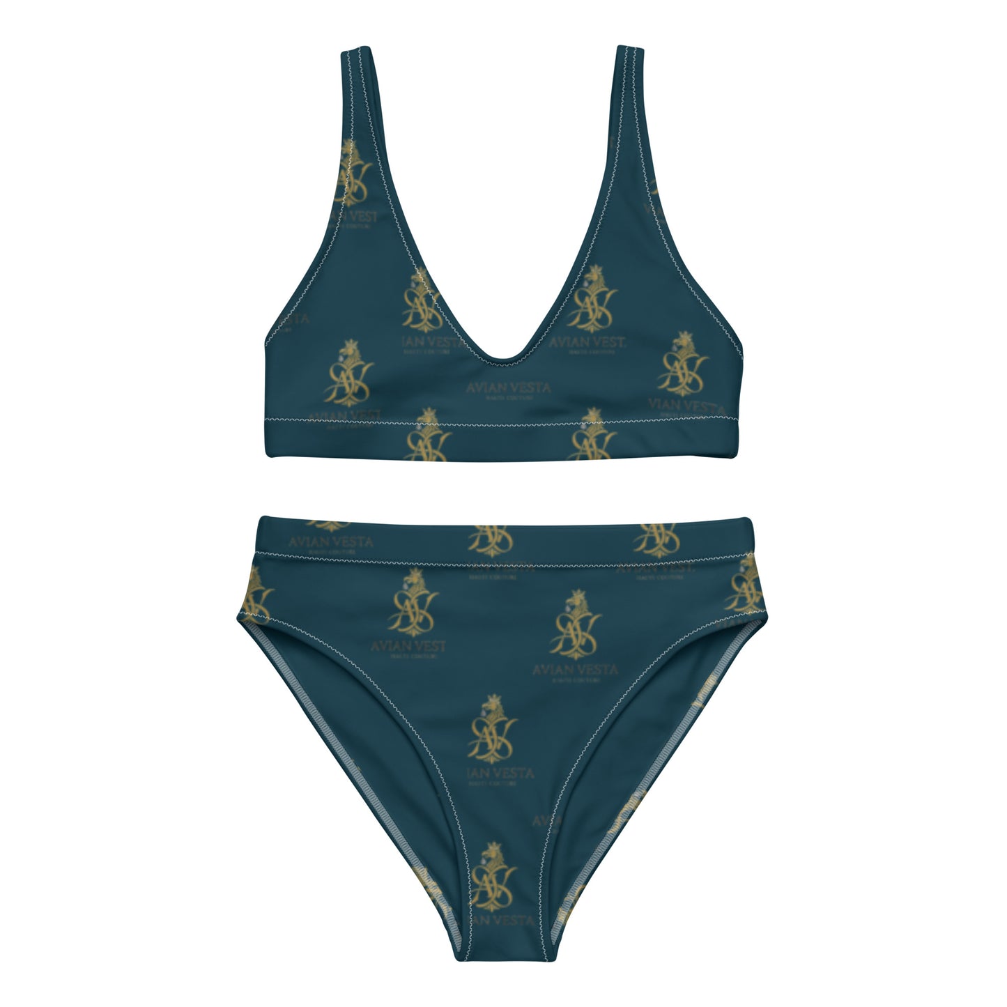 Blue Whale signature bikini set with all-over Avian Vesta crest front view
