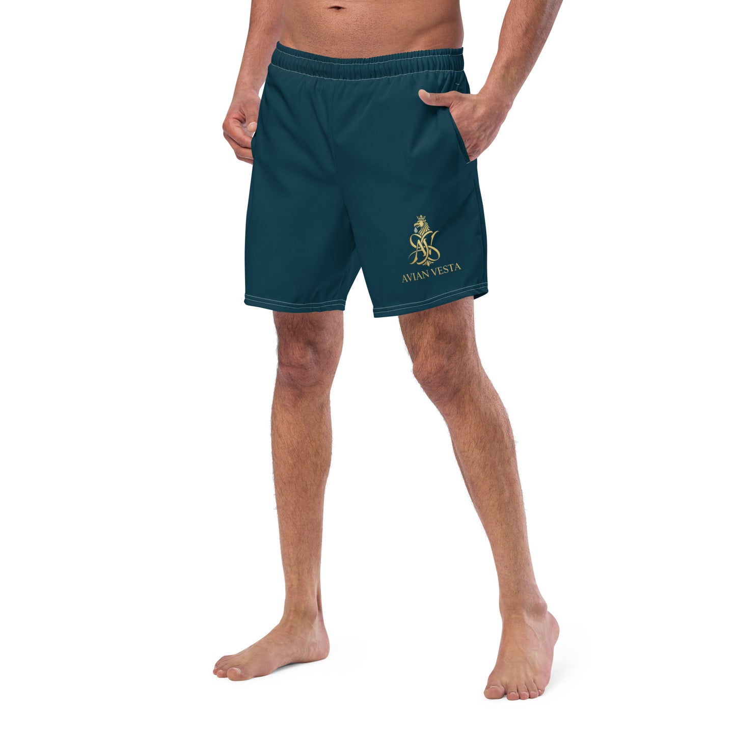 Blue Whale signature swim trunks with gold Avian Vesta crest front view

