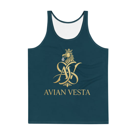 Blue Whale signature tank top with gold Avian Vesta crest front view
