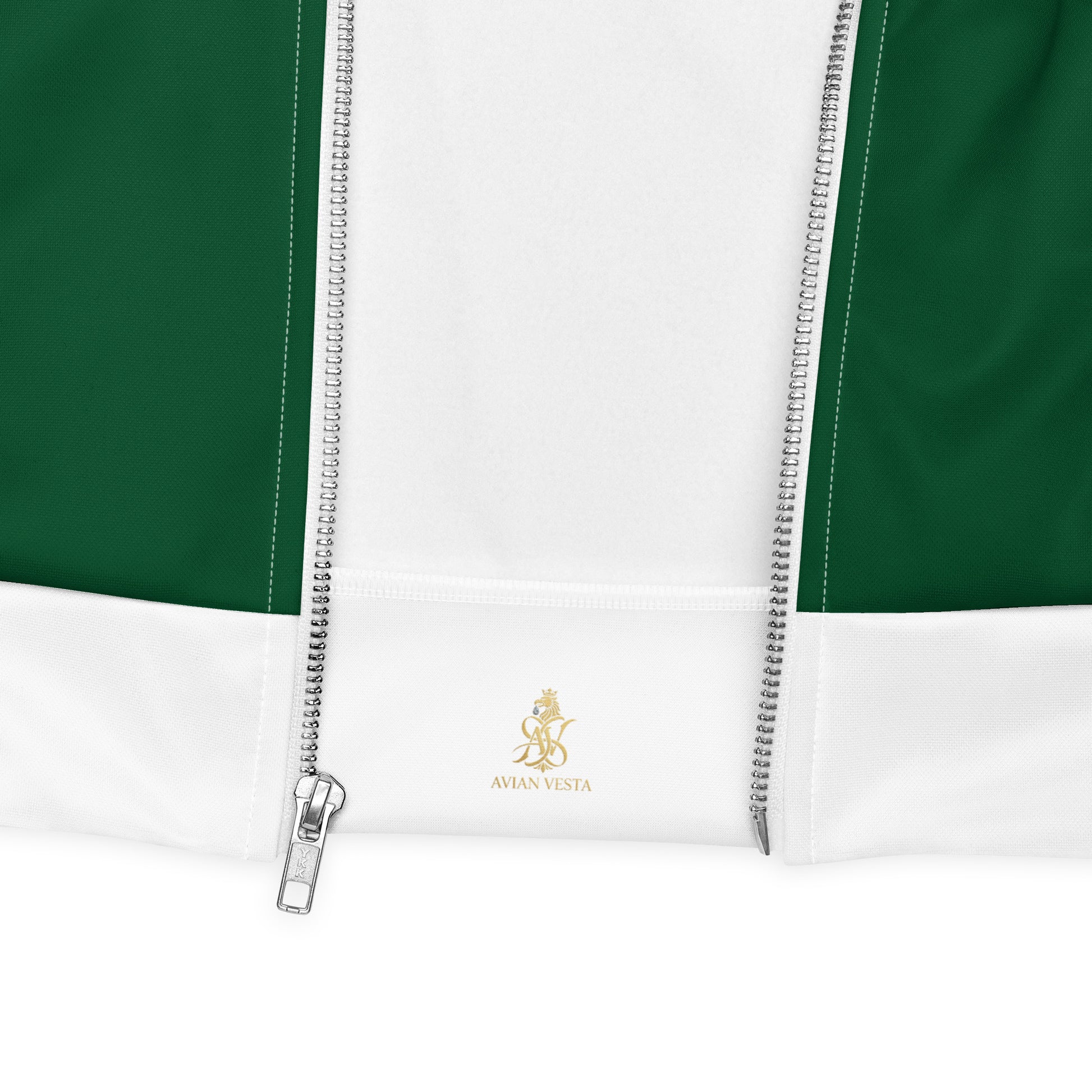 Close-up detail of Avian Vesta Signature Evergreen Bomber zipper and hem branding