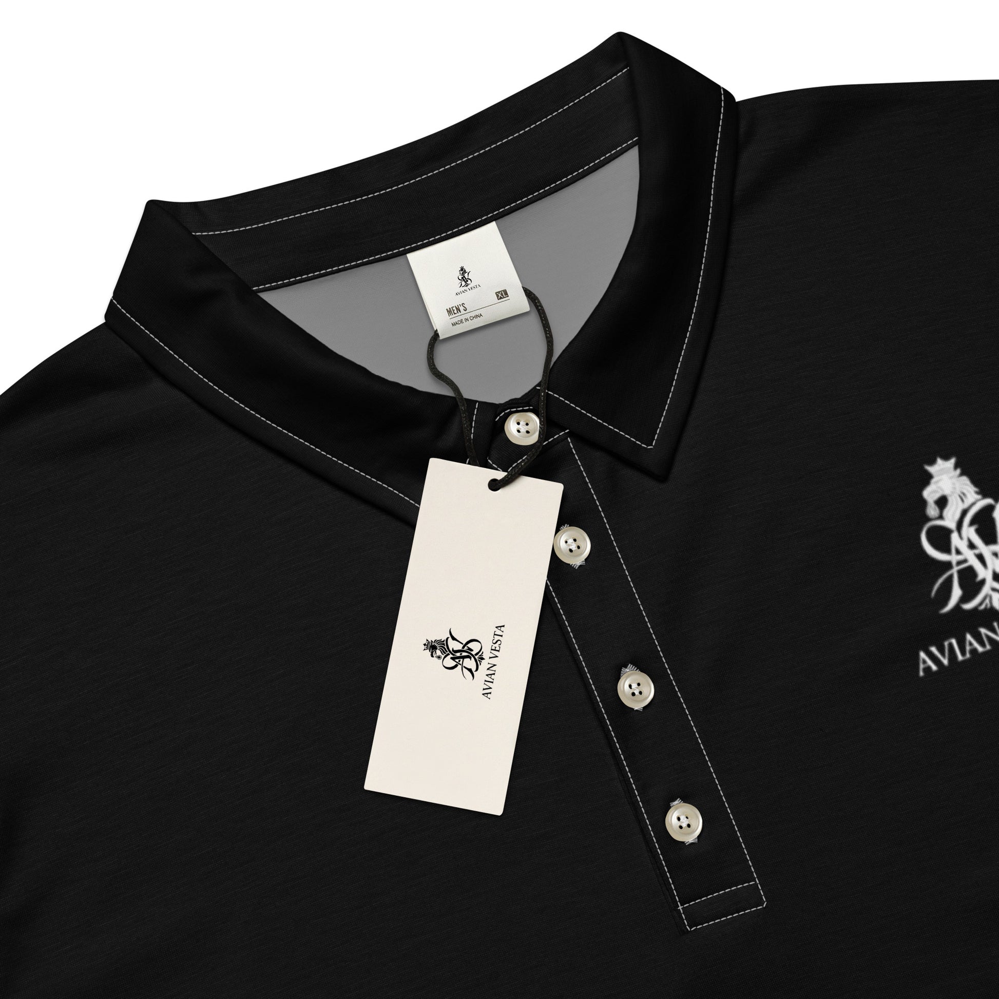 Close-up of Avian Vesta Signature Polo Shirt showing printed crest logo
