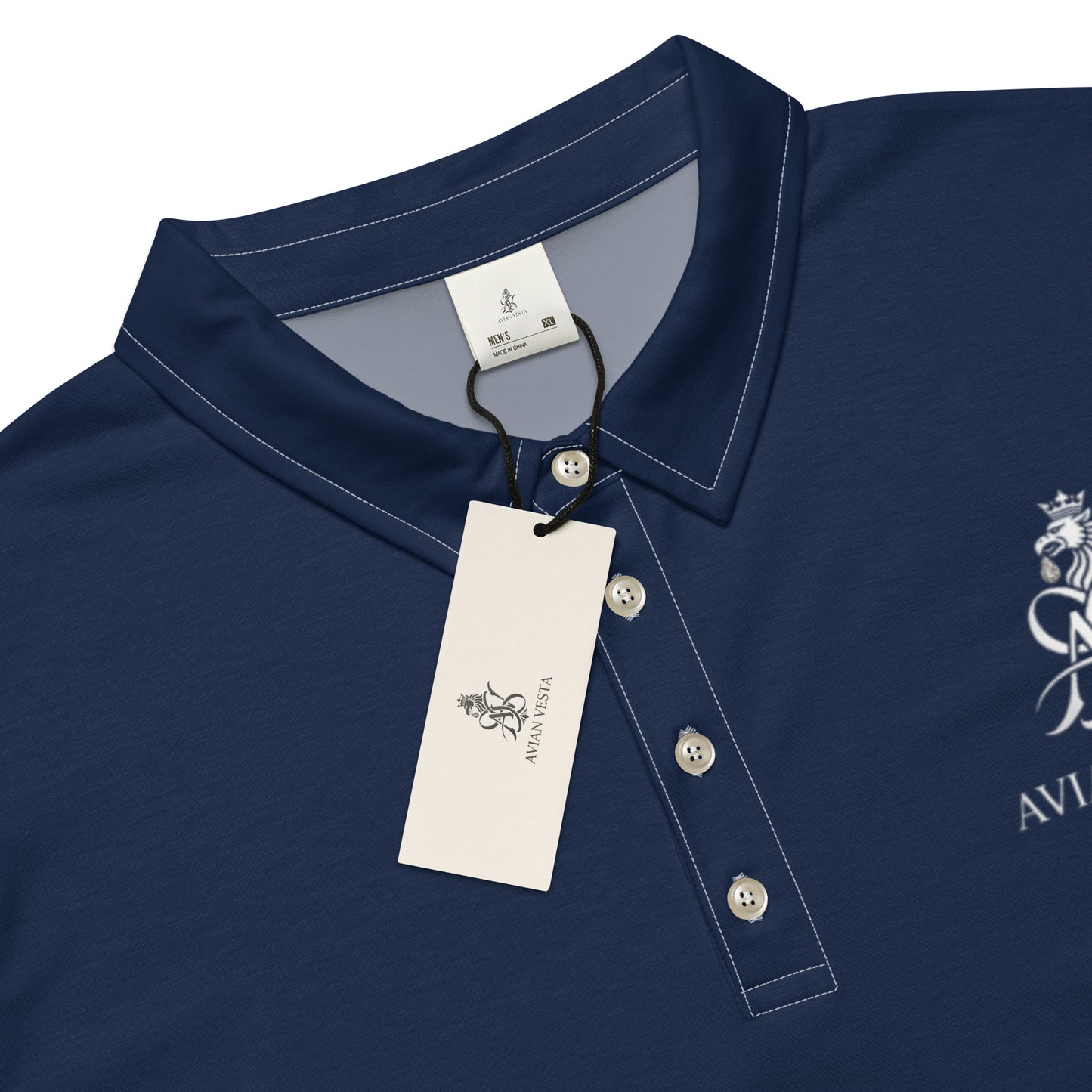 “Close-up of Avian Vesta polo collar and printed logo detail”