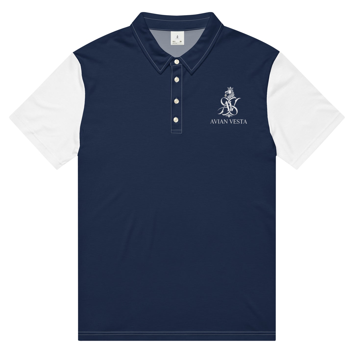 Flat Navy and white Avian Vesta polo shirt front view with printed crest