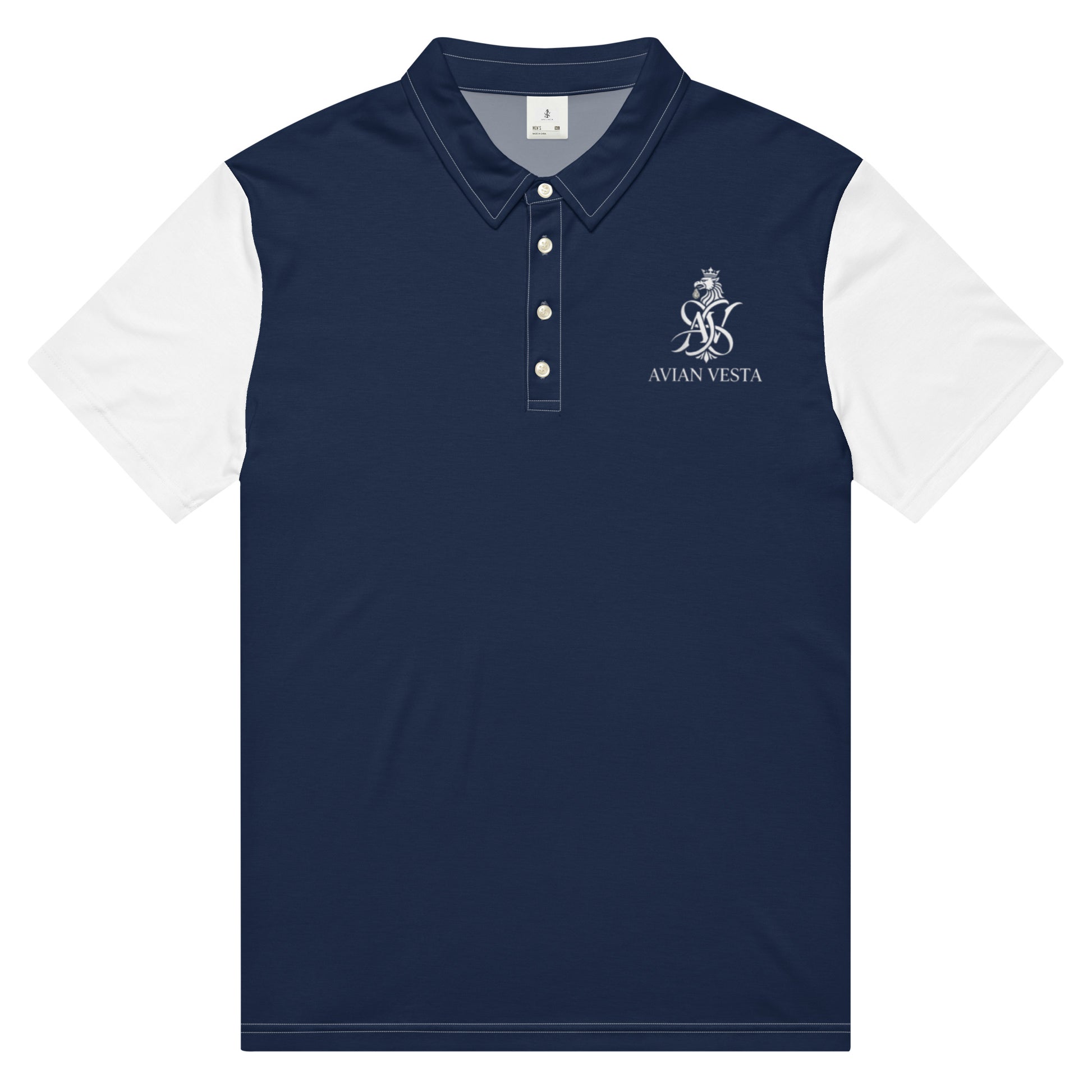 Flat Navy and white Avian Vesta polo shirt front view with printed crest
