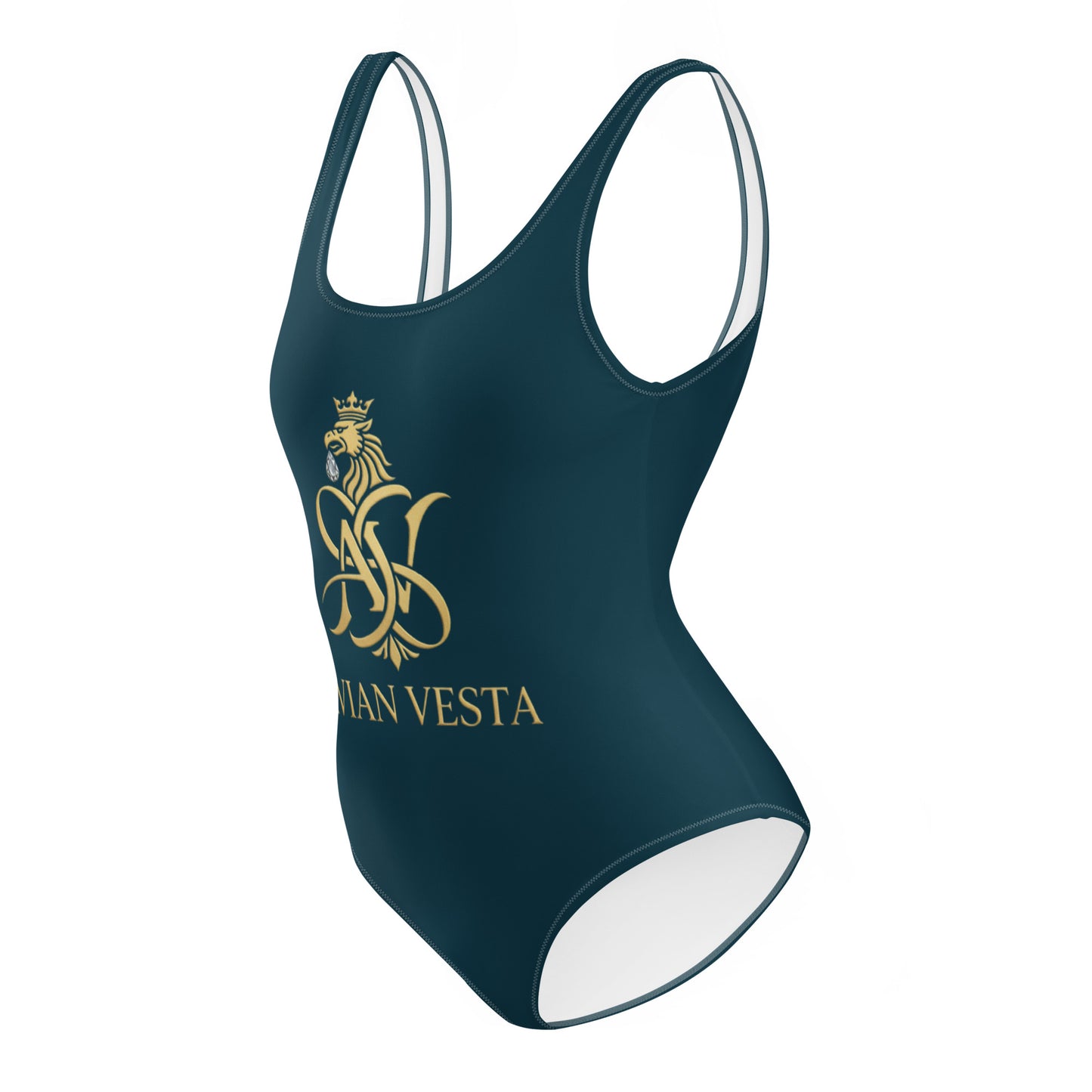 Full body view of Avian Vesta Blue Whale luxury one-piece swimsuit
