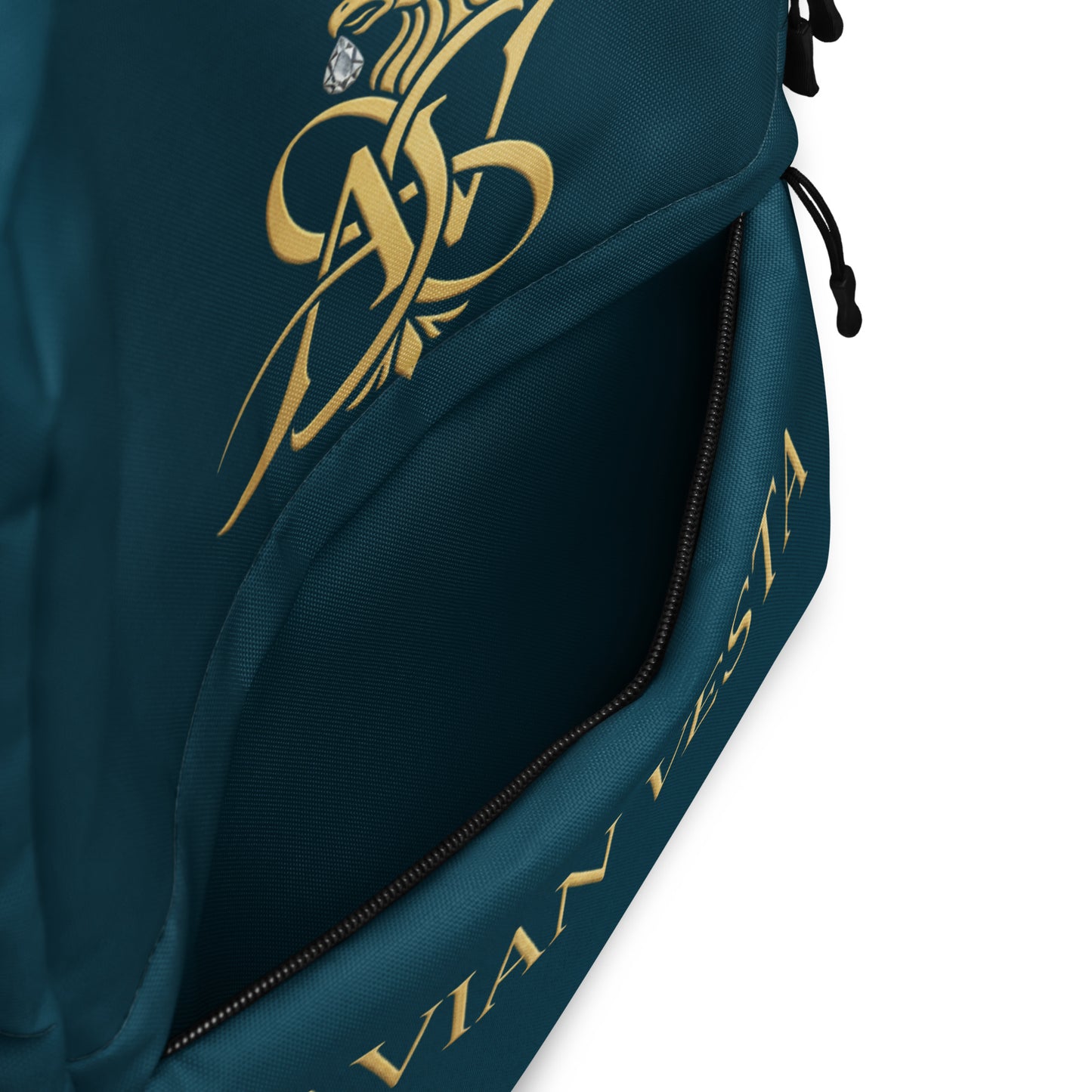 Gold Avian Vesta crest logo on Blue Whale backpack