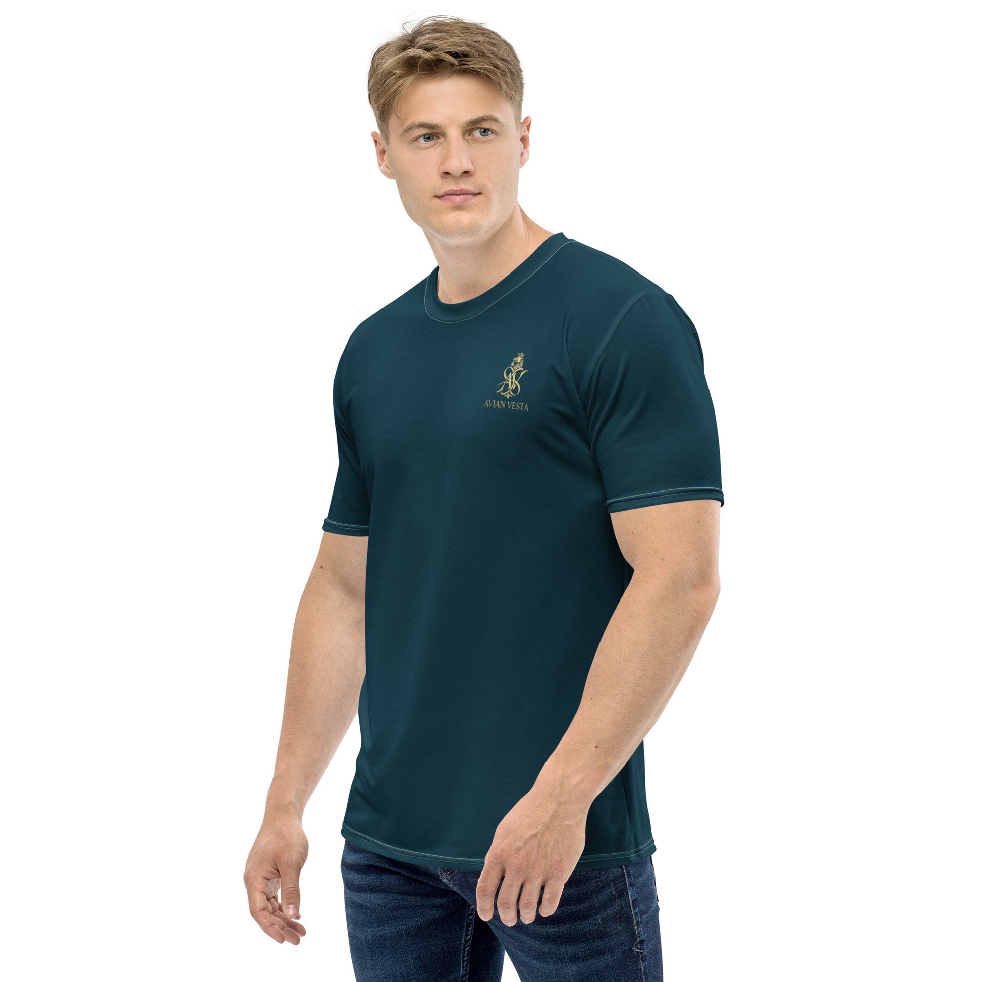 Model wearing Avian Vesta Blue Whale signature crewneck t-shirt