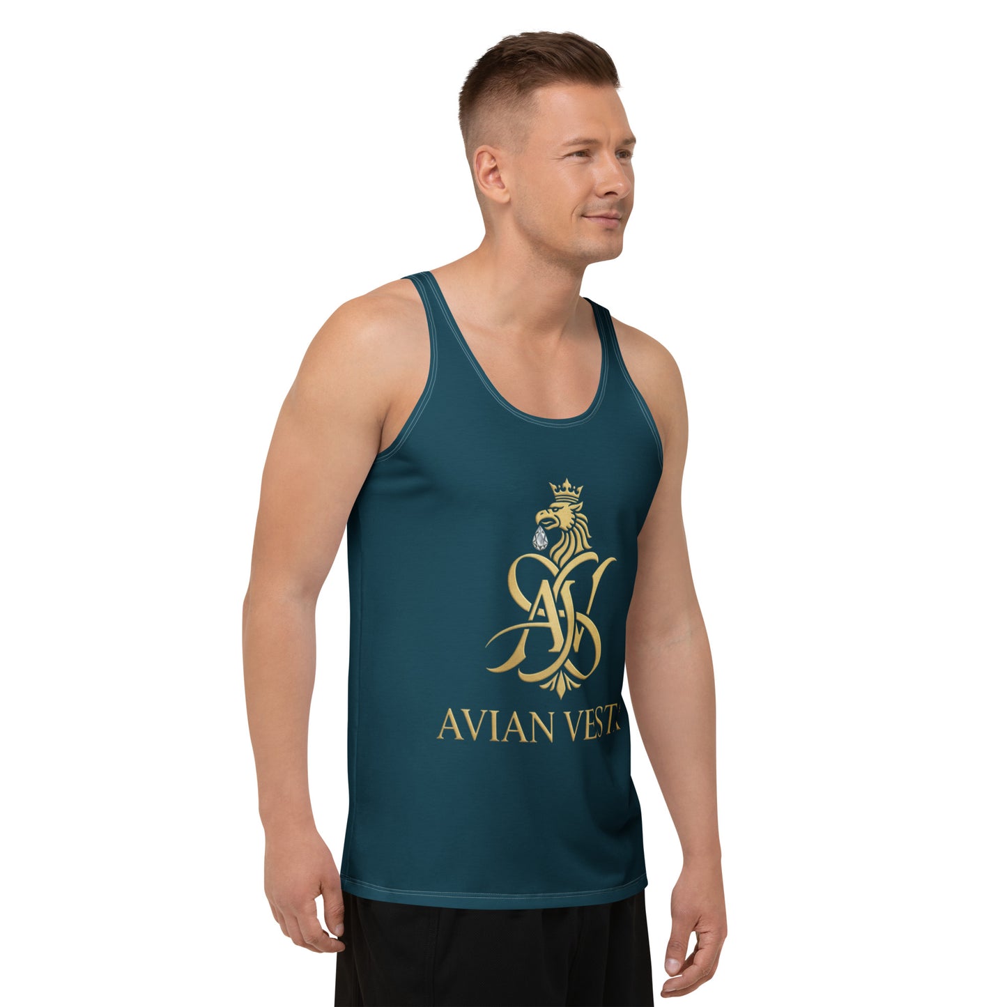 Model wearing Blue Whale signature tank top with gold Avian Vesta crest
