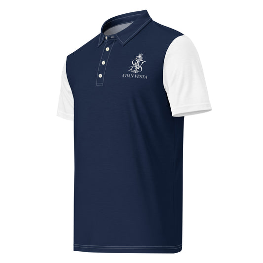 “Navy and white Avian Vesta polo shirt front view with printed crest”