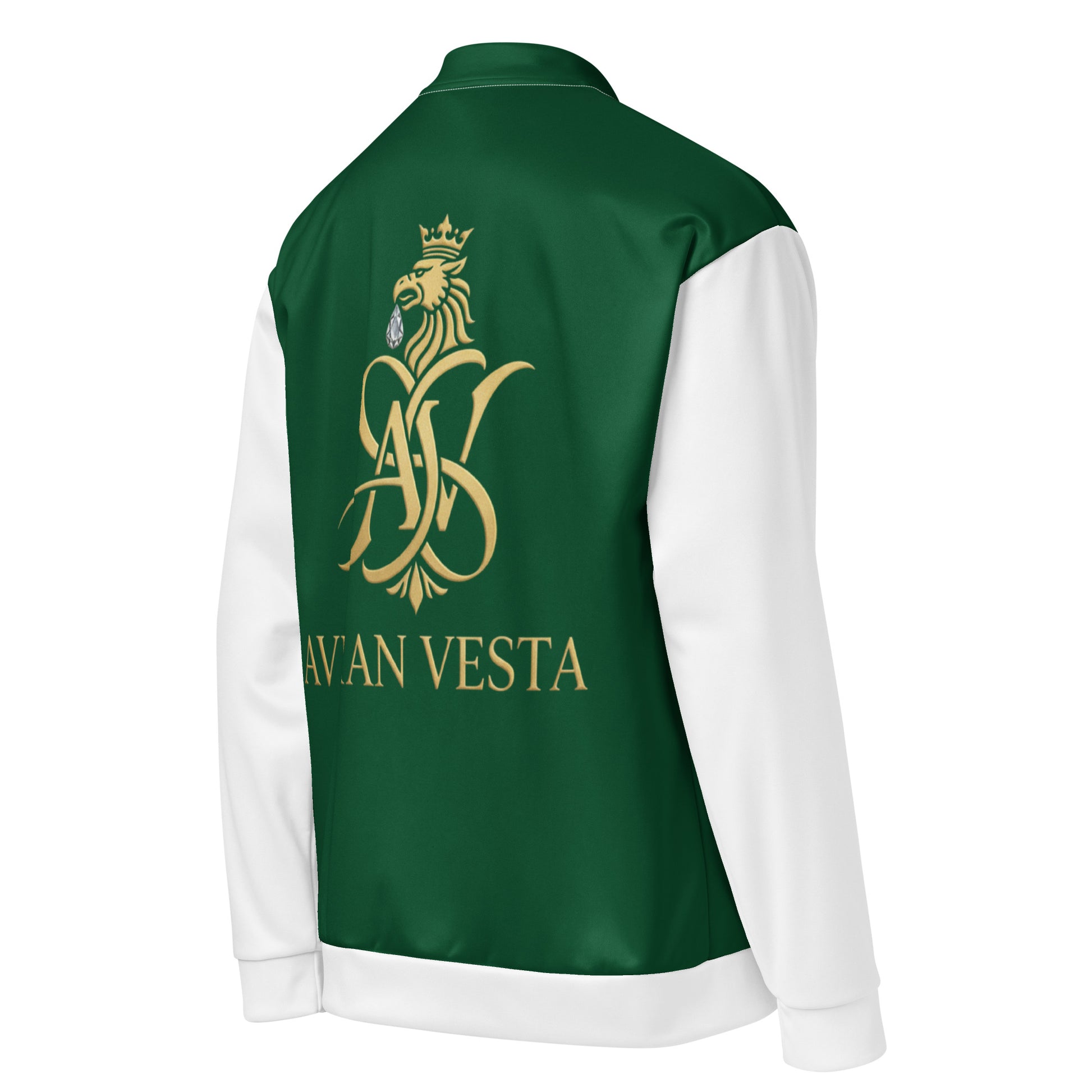 Right Side view of Avian Vesta Signature Evergreen Bomber with evergreen body and white sleeves