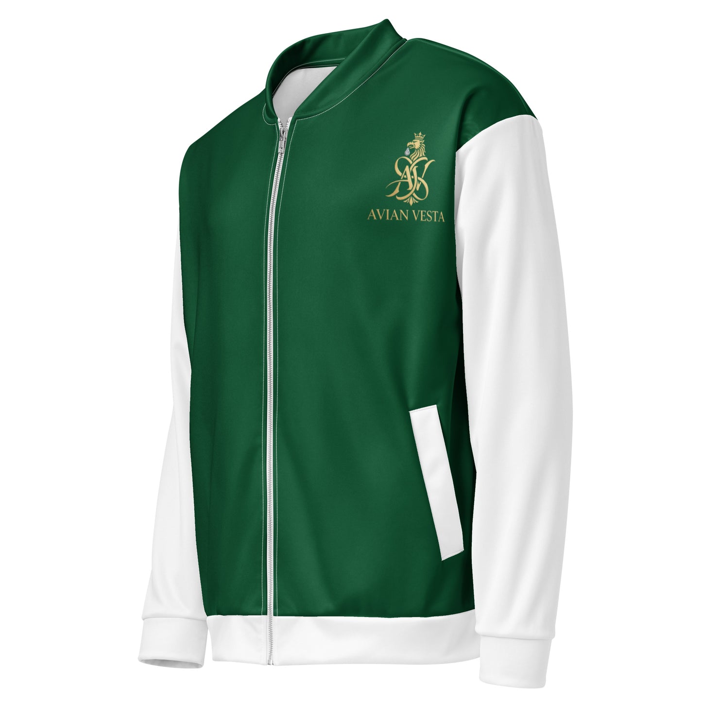 Side view of Avian Vesta Signature Evergreen Bomber with evergreen body and white sleeves