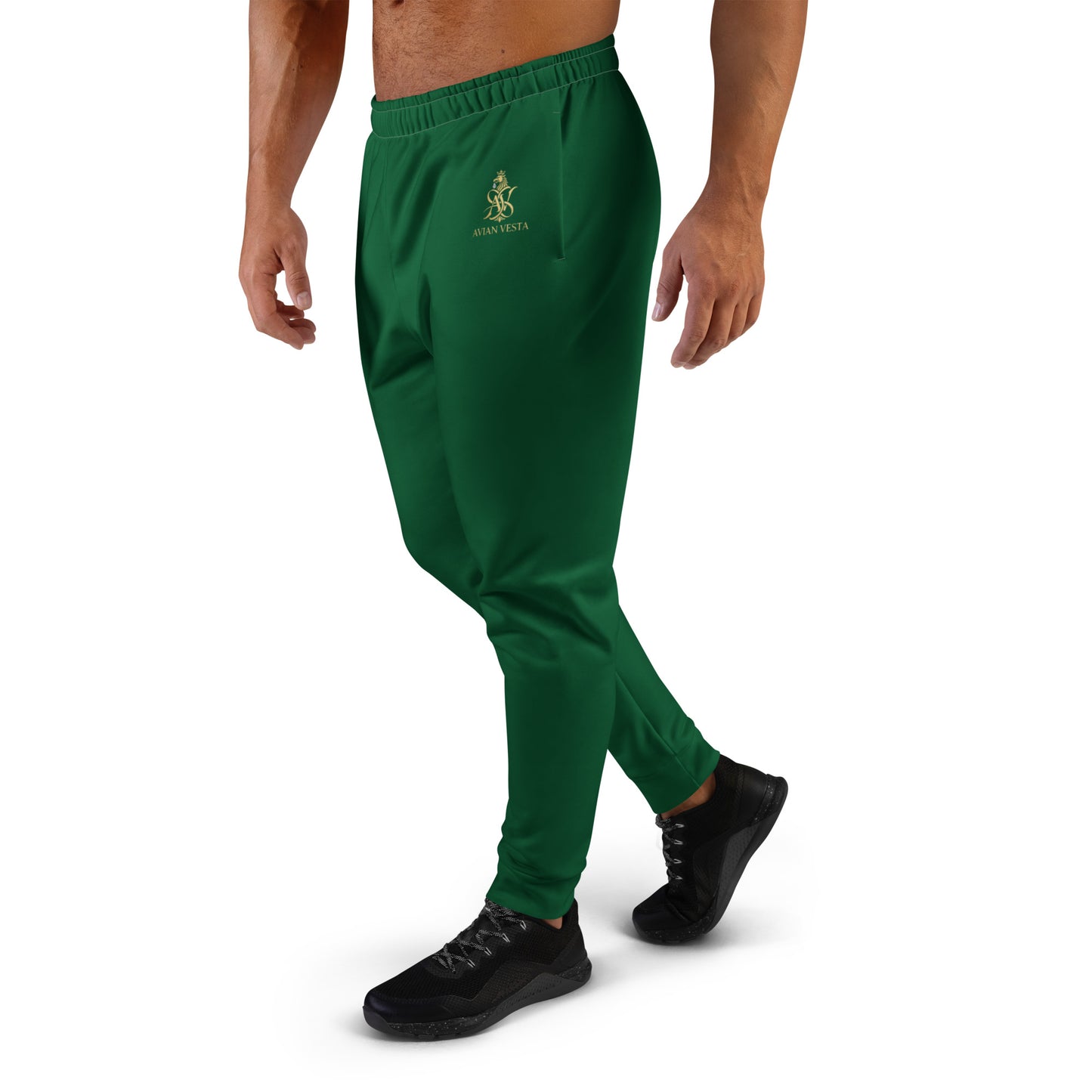 “Side view of Avian Vesta Signature Evergreen joggers showing modern tapered silhouette.”
